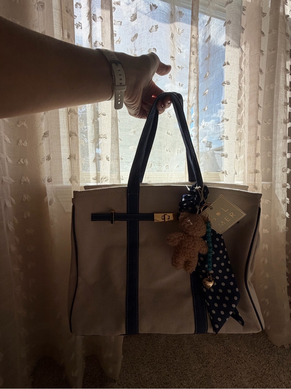 Sol and Mer Viral tote bag - Boatkin - Beige Canvas Tote with Navy Trim